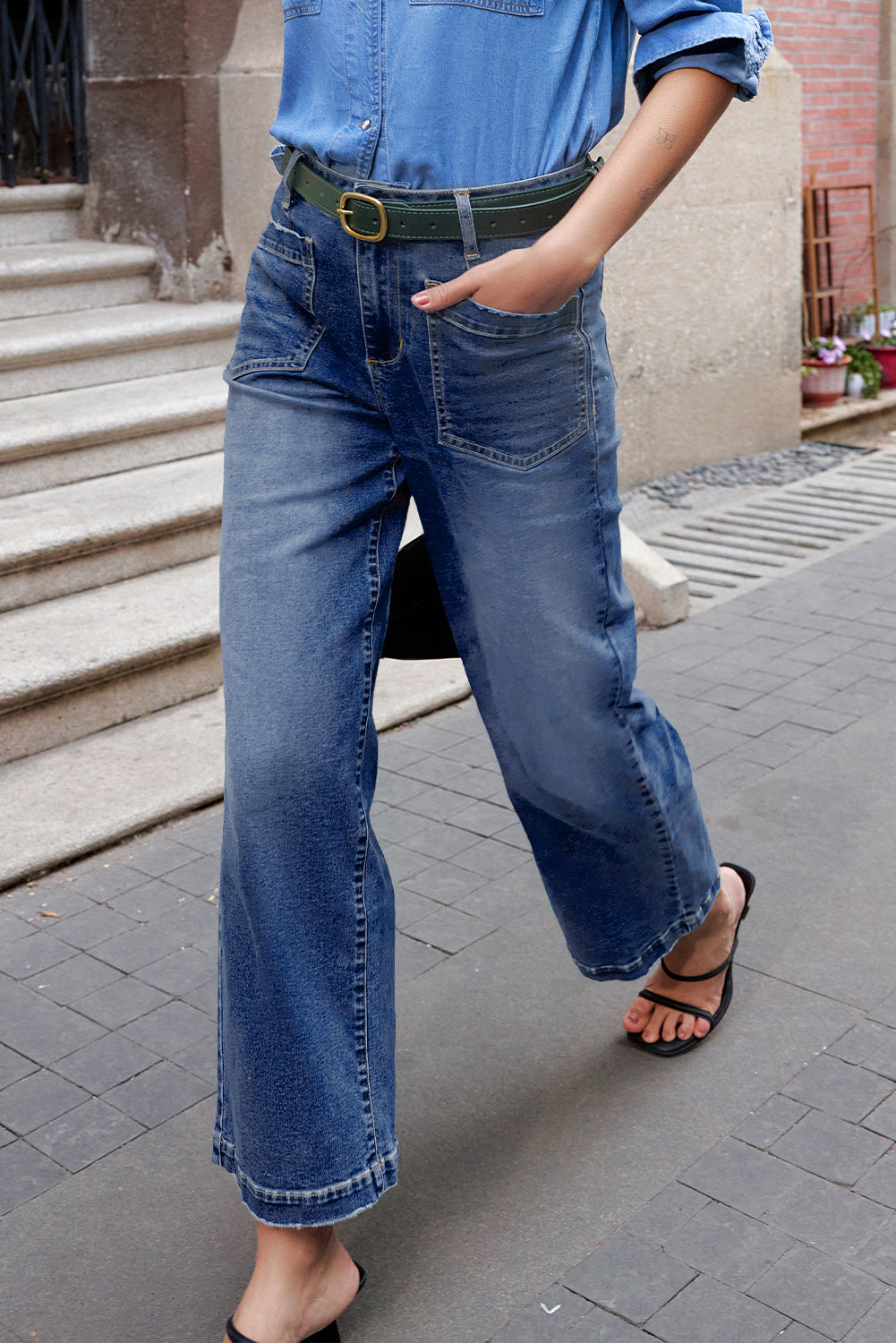 Denim High Waist Patch Pocket Straight Leg Jeans
