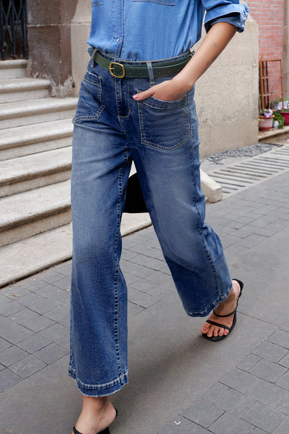 Denim High Waist Patch Pocket Straight Leg Jeans