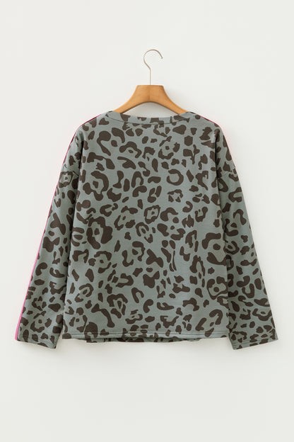 Leopard Varsity Stripe Trim Long Sleeve Top
