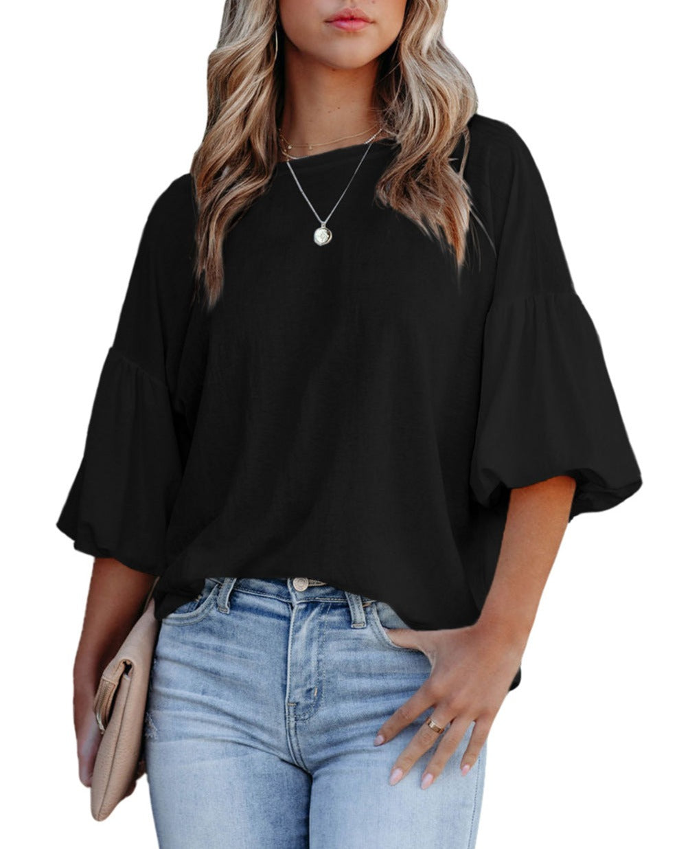 Bubble Sleeve Round Neck Blouse