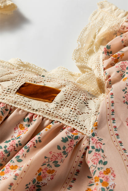 Floral Lace Square Neck Velvet Bow Tie Mini Dress