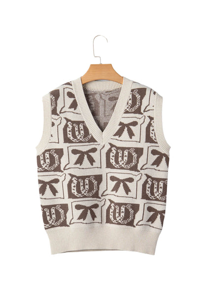 Western Horseshoes & Bows Sleeveless V-Neck Sweater Top