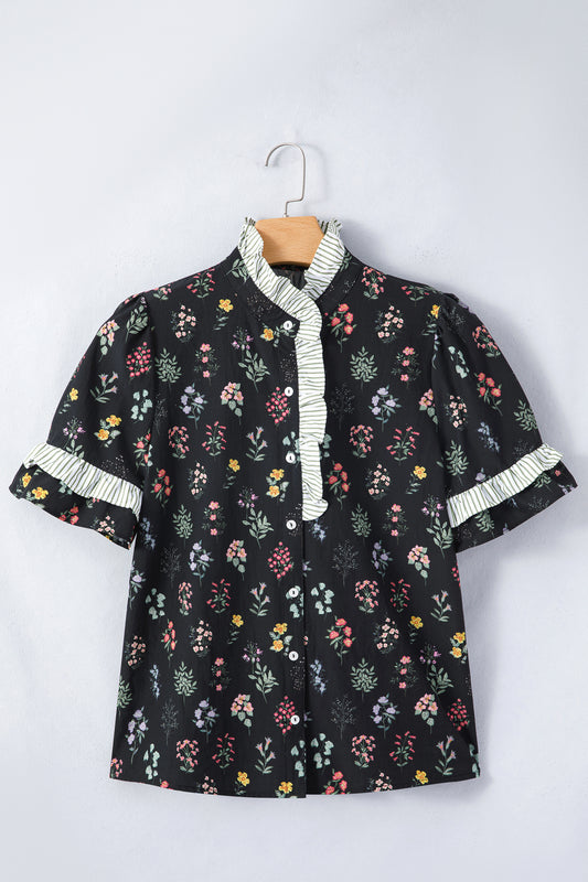 Floral Contrast Frill Trim Short Sleeve Shirt