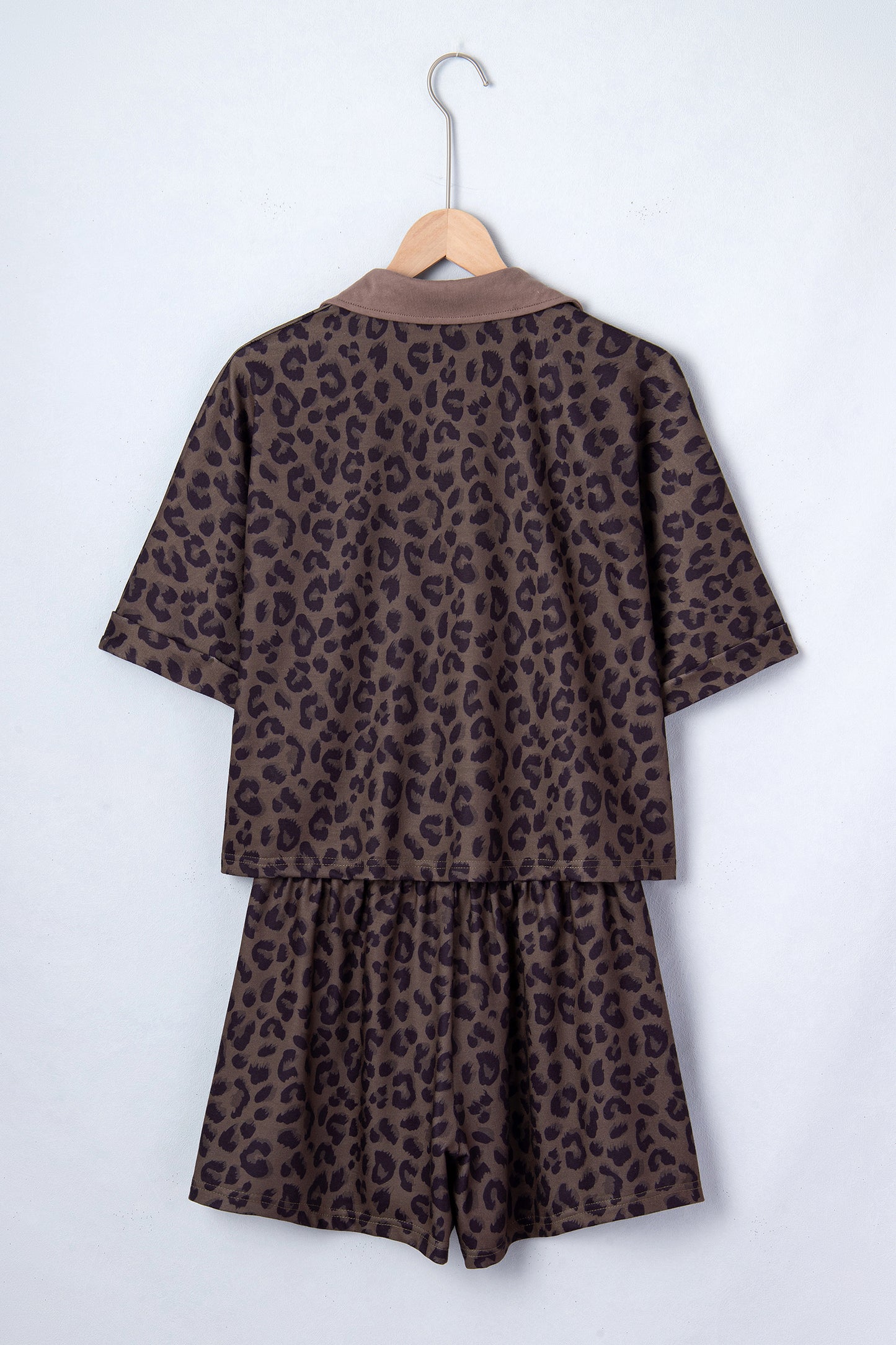 Leopard Collared V-Neck Top & Shorts Set