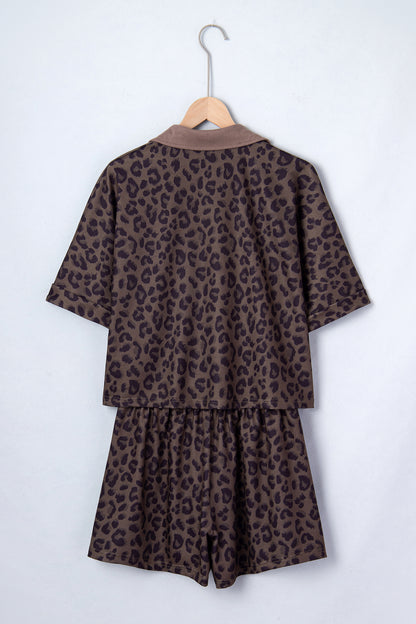 Leopard Collared V-Neck Top & Shorts Set