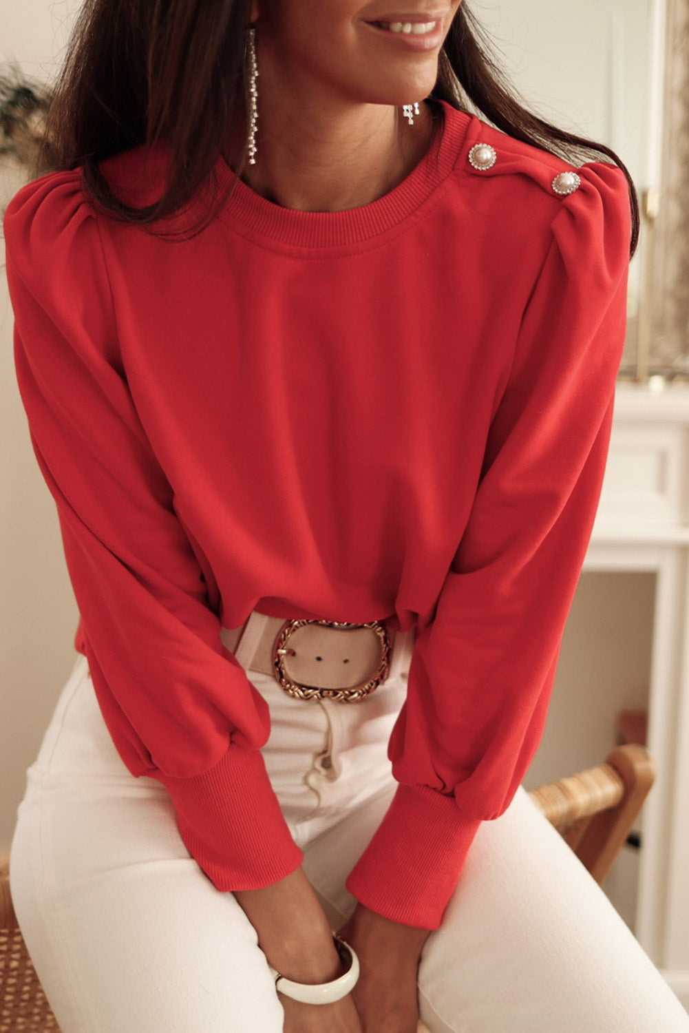 Button Shoulder Long Sleeve Top