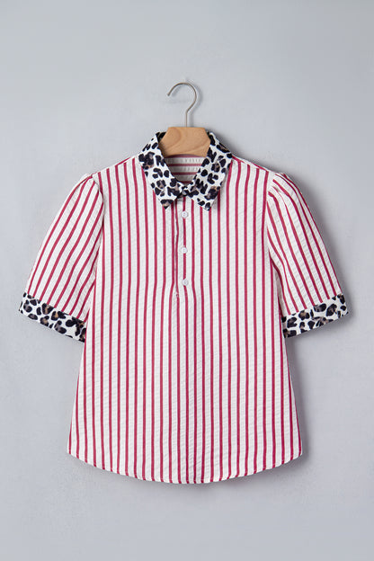 Stripe Leopard Contrast Trim Collared Blouse
