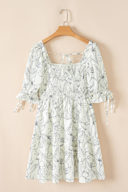 Floral Square Neck Shirred Back Mini Dress