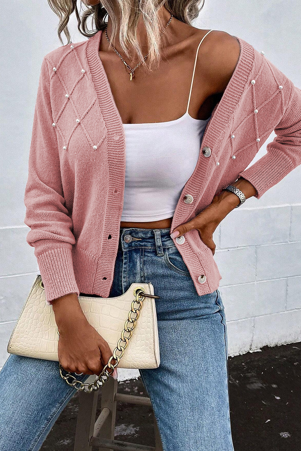 Pearl Beaded Textured Knit Cardigan