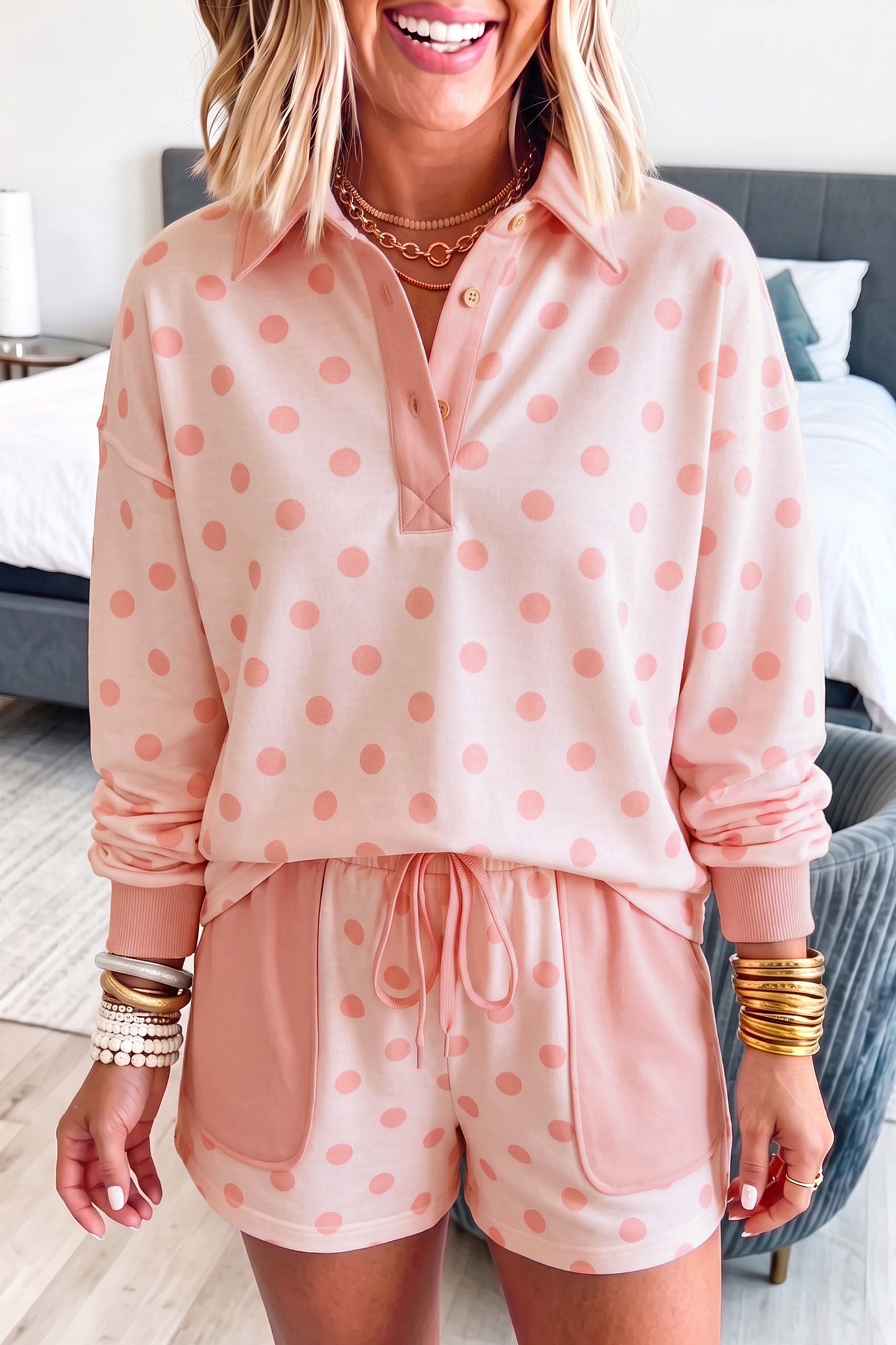 Polka Dot Polo Pullover & Elastic Waist Shorts Set