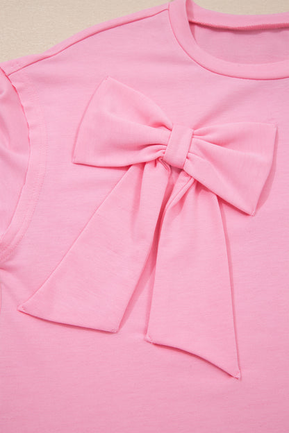 Solid Bow Patch Raw Edge Loose T-Shirt
