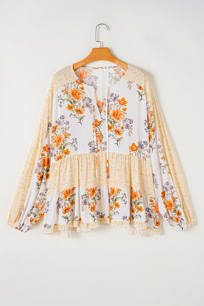 Floral V-Neck Puff Sleeve Blouse Plus Size