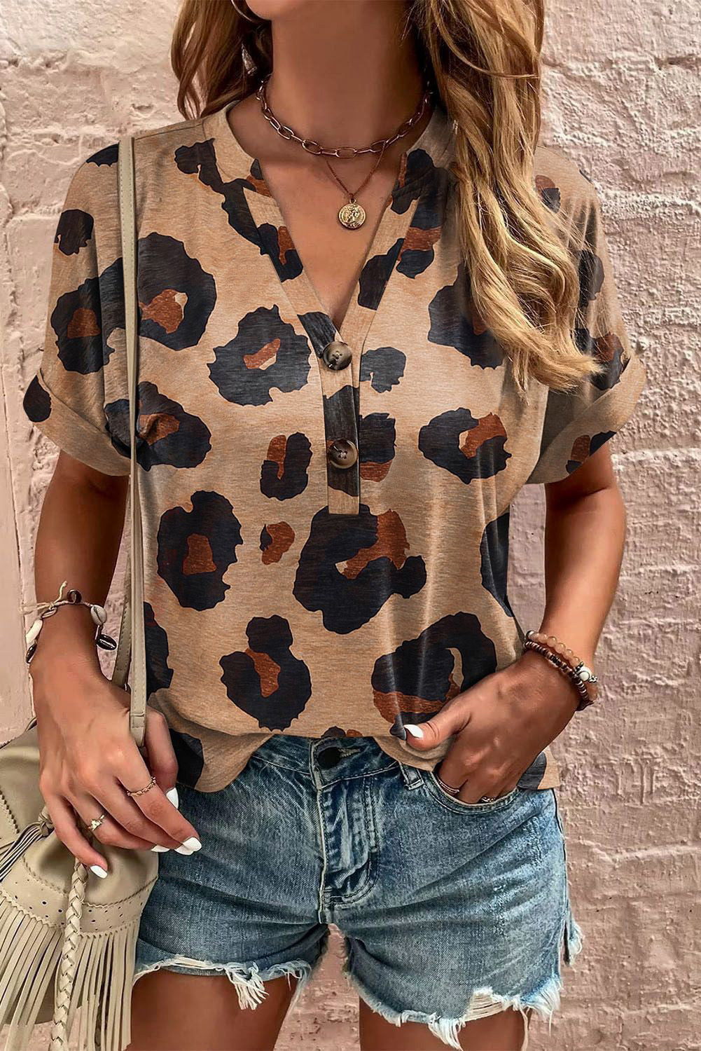 Leopard Folded Short Sleeve Blouse