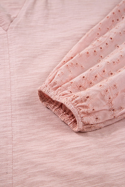 Embroidered Eyelet Patchwork Batwing Sleeve Blouse