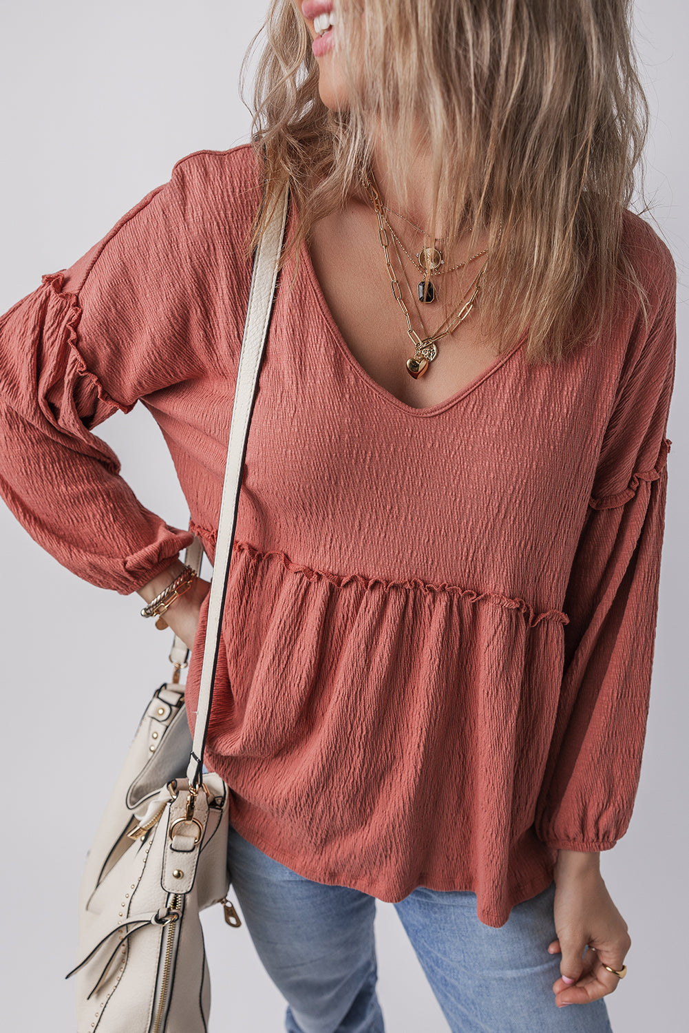 Textured V-Neck Puff Sleeve Blouse