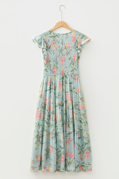 Floral Smocked V-Neck Ruffle Tiered Maxi Dress