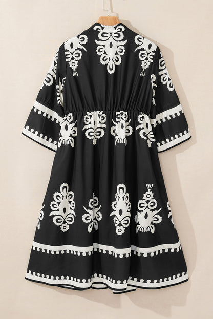 Western Geometric 3/4 Sleeve Midi Dress
