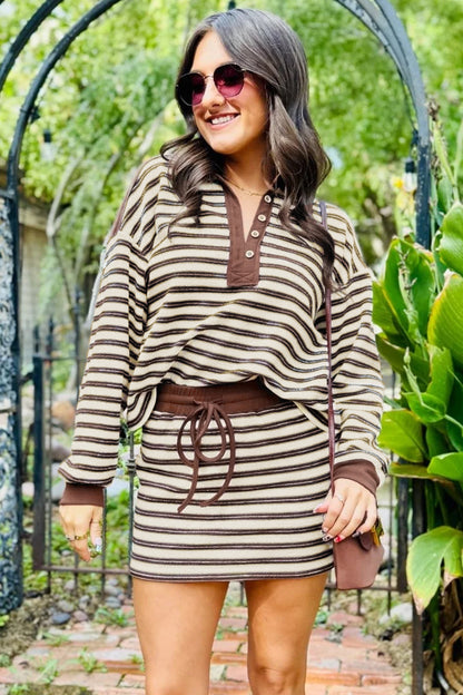 Stripe Buttoned Polo Collar Top & Mini Skirt Set