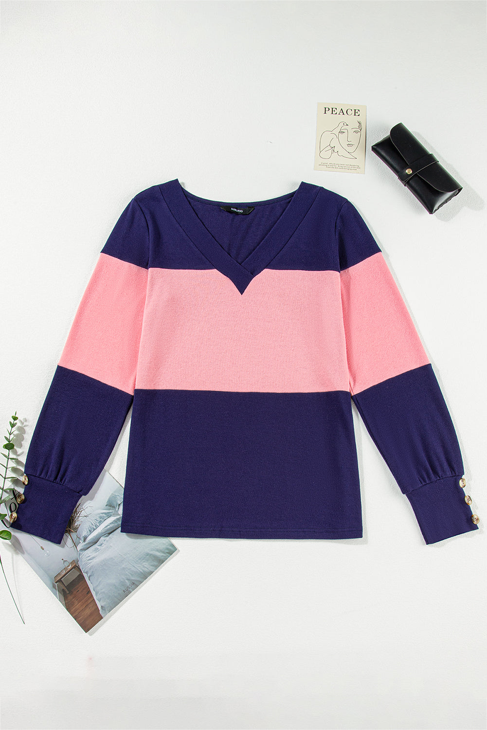 Stripe Colorblock Long Sleeve V-Neck Top