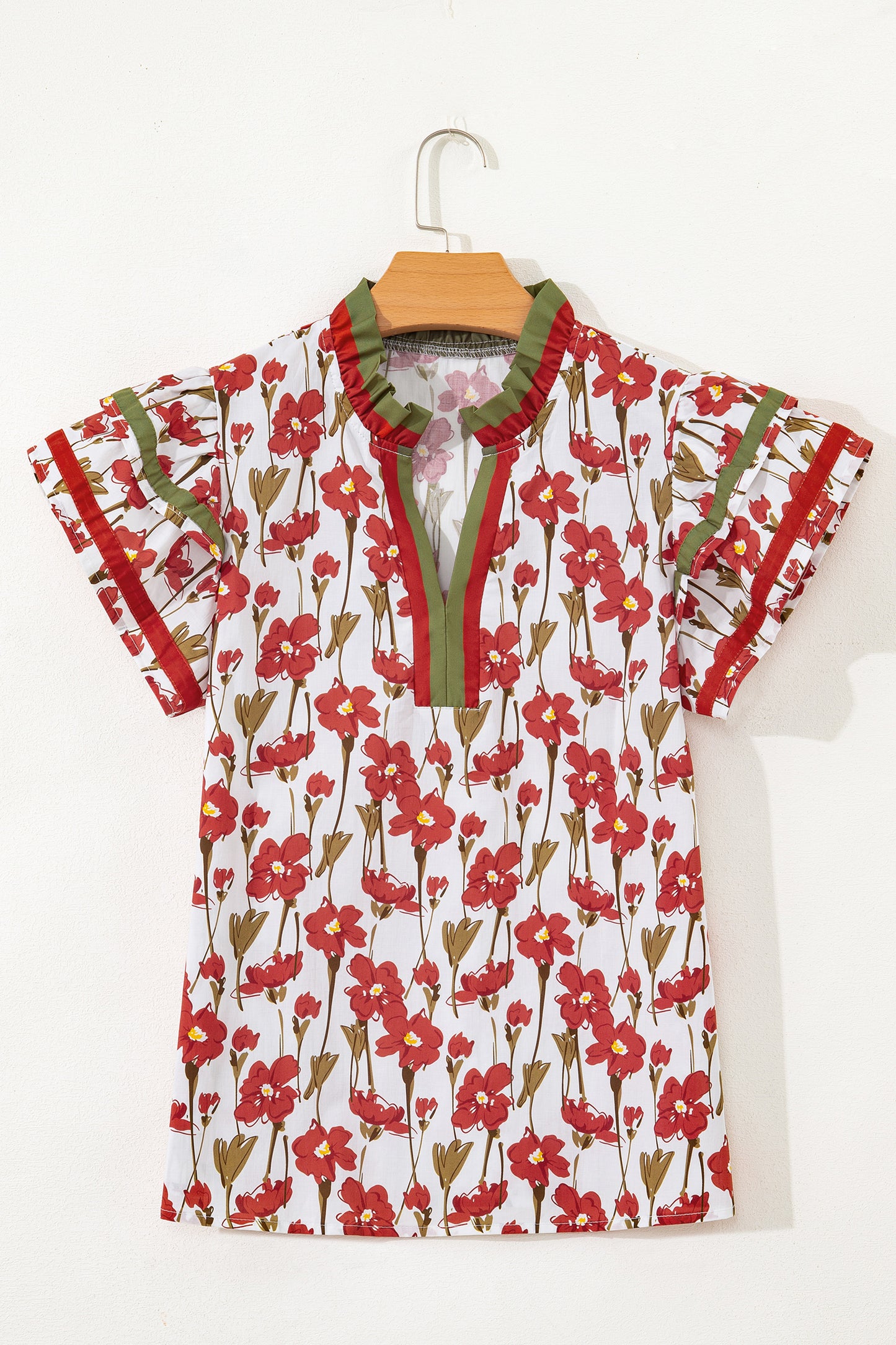 Floral Contrast Trim V-Neck Ruffle Short Sleeve Blouse