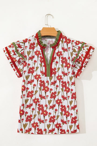 Floral Contrast Trim V-Neck Ruffle Short Sleeve Blouse