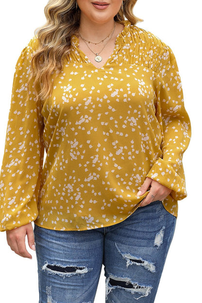 Plus Size Floral Ruched Split Neck Blouse