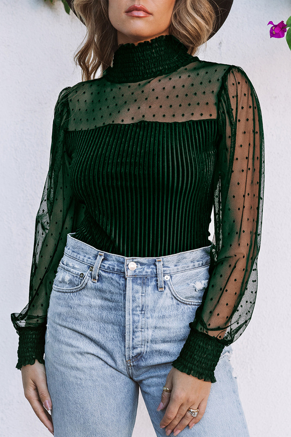 Dotted Mesh Ribbed Velvet Bodysuit