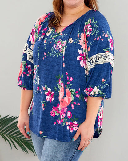 Floral Lace 3/4 Sleeve Top Plus Size