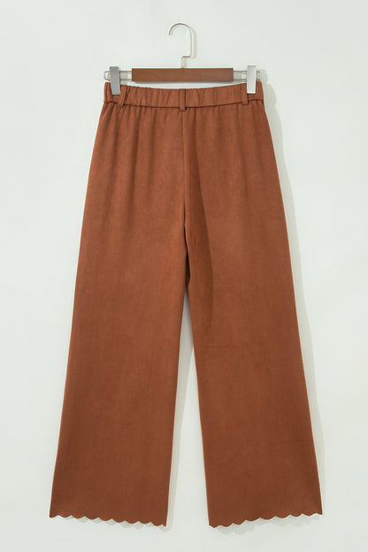 Solid Scalloped Edge Pocketed High Waist Pants