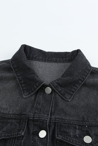 Denim Lapel Distressed Raw Hem Buttoned Jacket