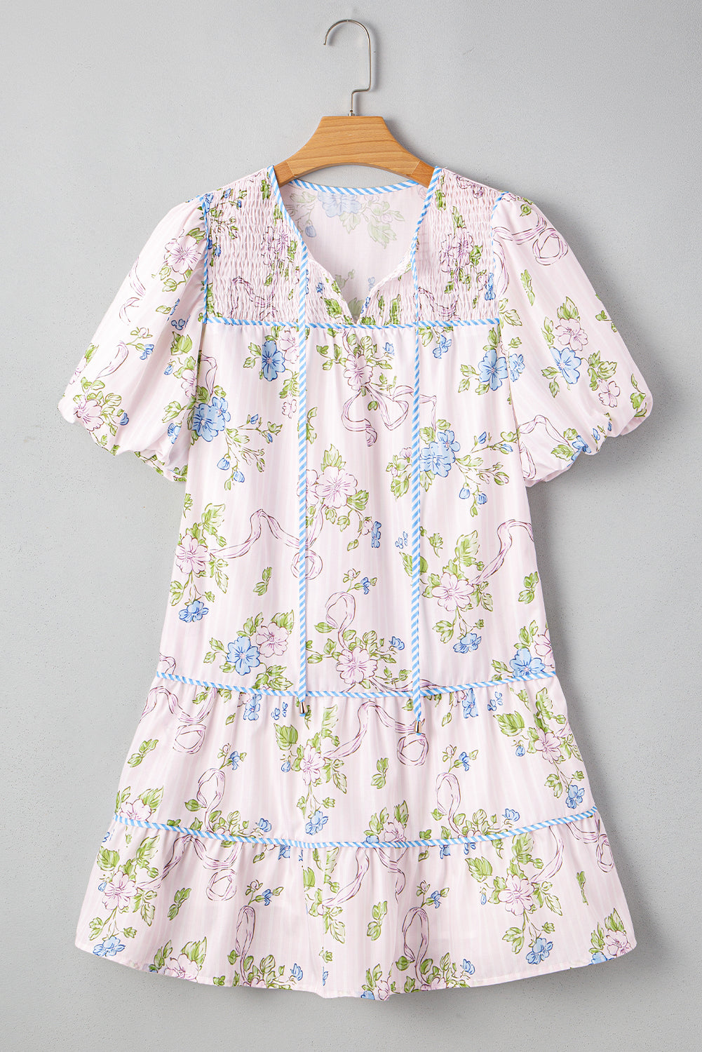 Floral Stripe Contrast Tie Split Neck Mini Dress