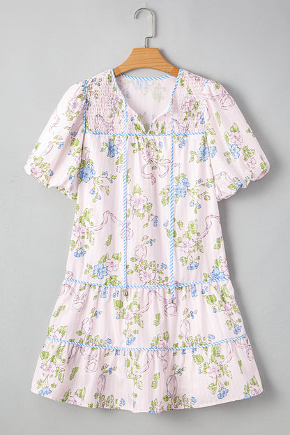 Floral Stripe Contrast Tie Split Neck Mini Dress