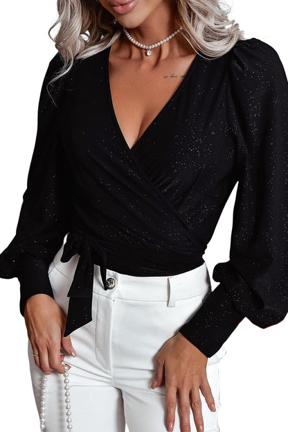 Glitter Wrap Puff Sleeve Blouse