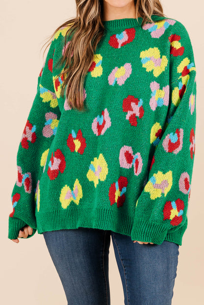 Plus Size Floral Knit Drop Shoulder Sweater