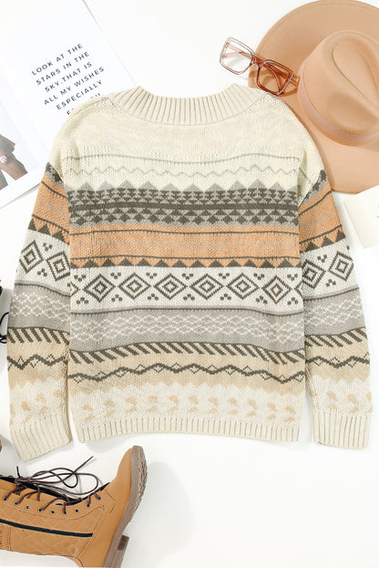 Fair Isle Ribbed V-Neck Sweater