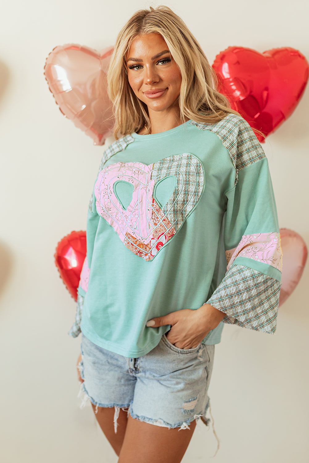 Valentine Heart Plaid Floral Patchwork Long Sleeve Top