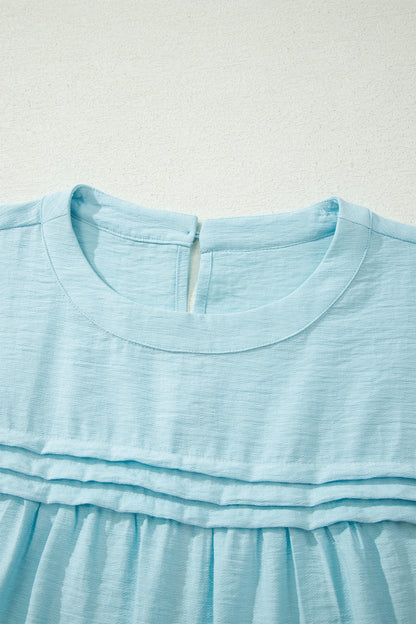 Solid Pleated Tie Sleeve Babydoll Blouse