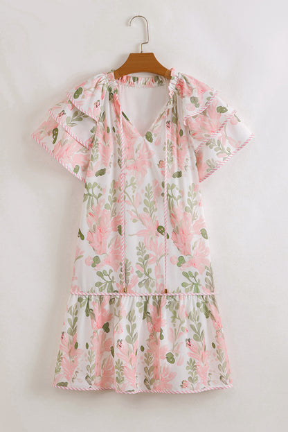Floral V-Neck Layered Short Sleeve Mini Dress