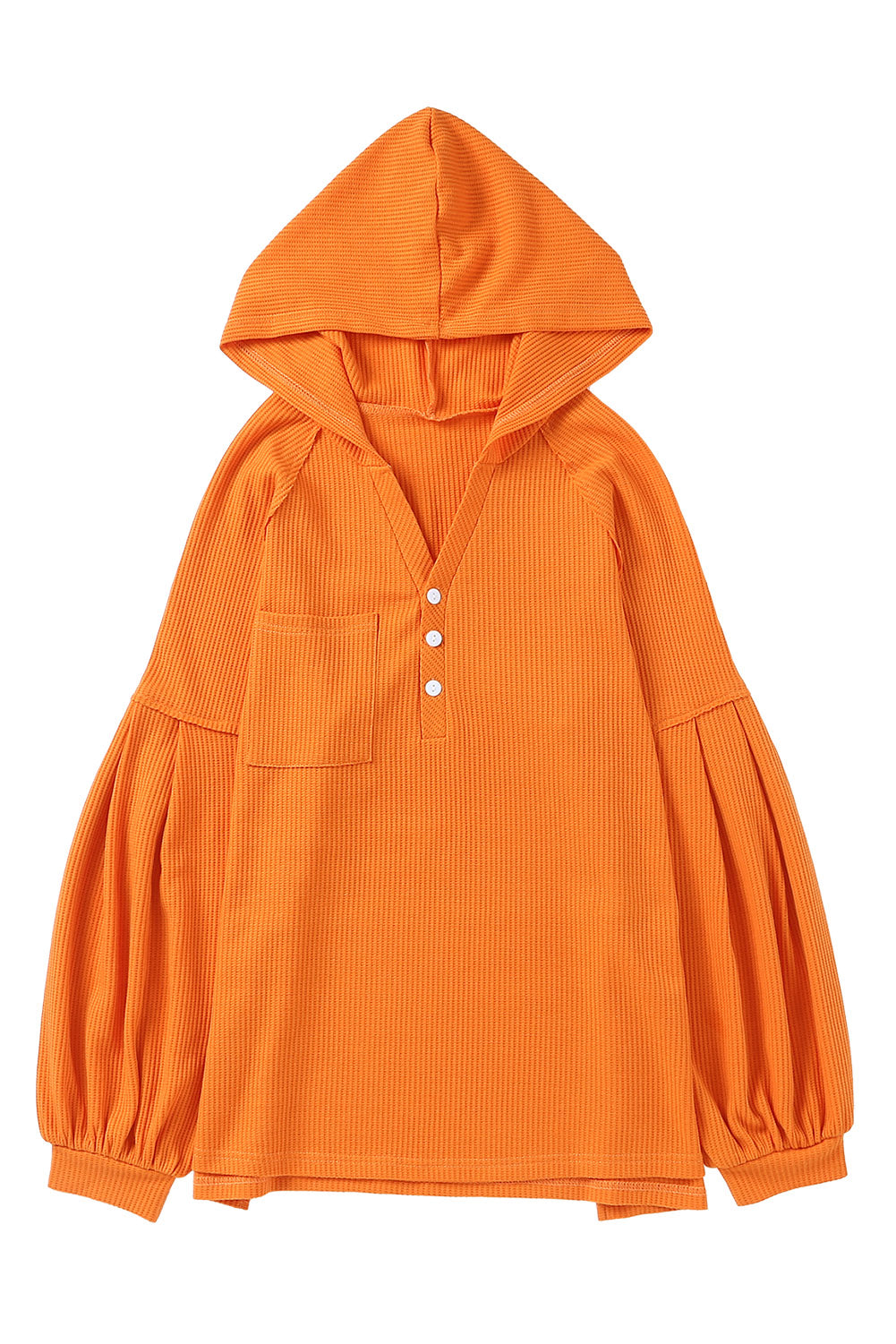 Waffle Pleated Puff Sleeve Hooded Top