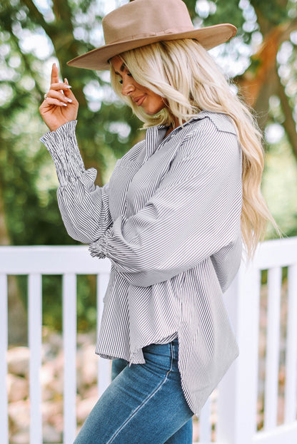 Stripe Smocked Long Sleeve Button-Up Shirt