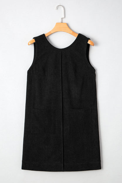 Solid Corduroy Sleeveless Pocketed Mini Dress