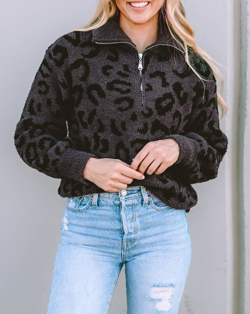 Leopard Quarter Zip Fuzzy Sweater