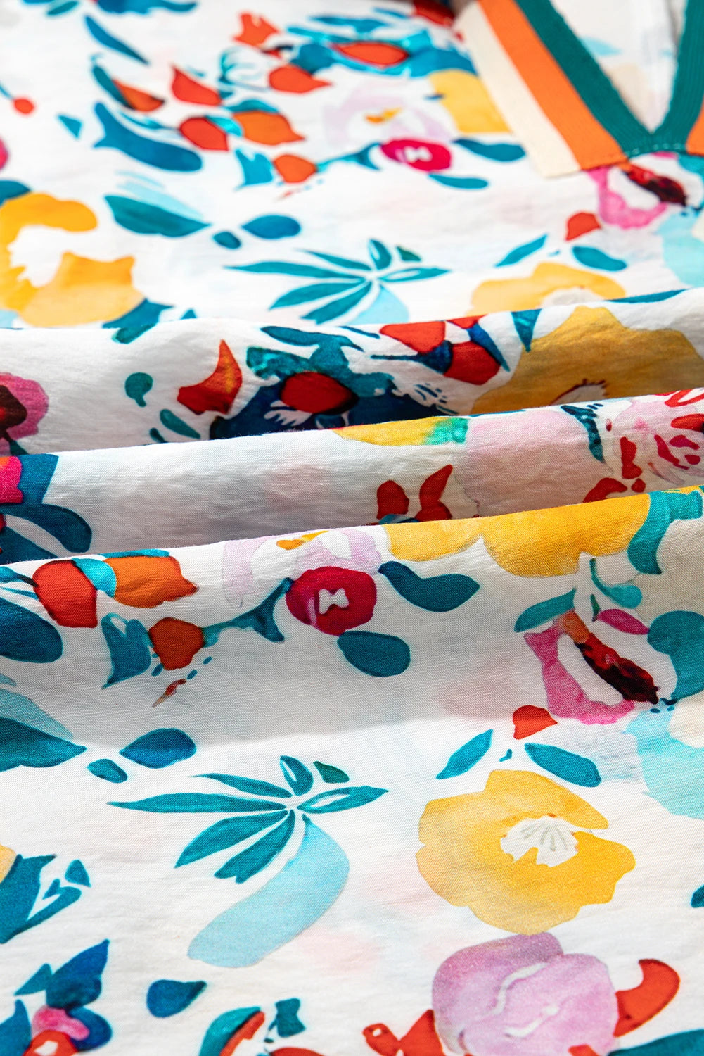 Floral Slit V-Neck Short Sleeve Blouse