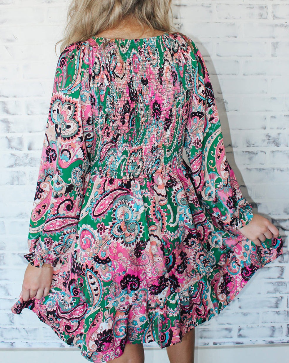 Paisley Ruffle Long Sleeve Dress