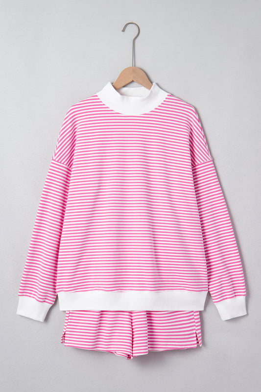 Stripe Oversize Mock Neck Sweatshirt & Shorts Set