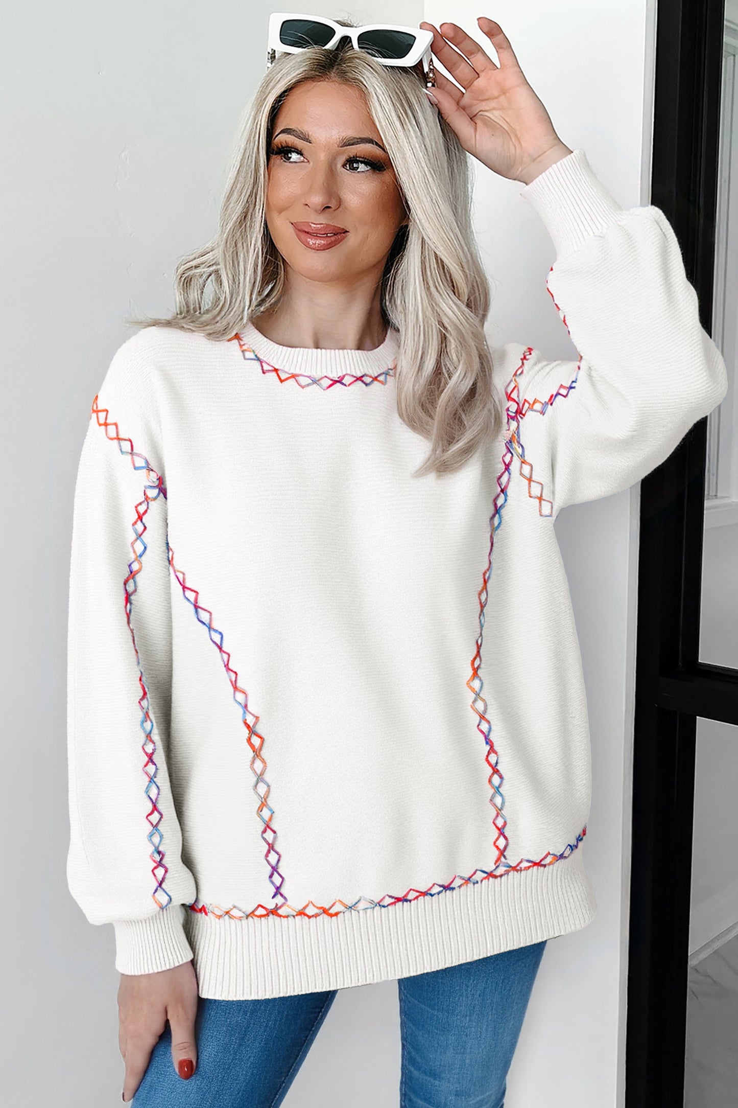 Rainbow Stitching Balloon Sleeve Sweater