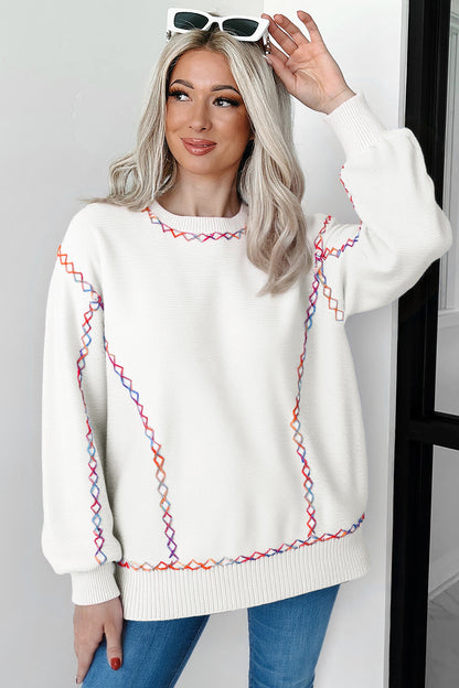 Rainbow Stitching Balloon Sleeve Sweater