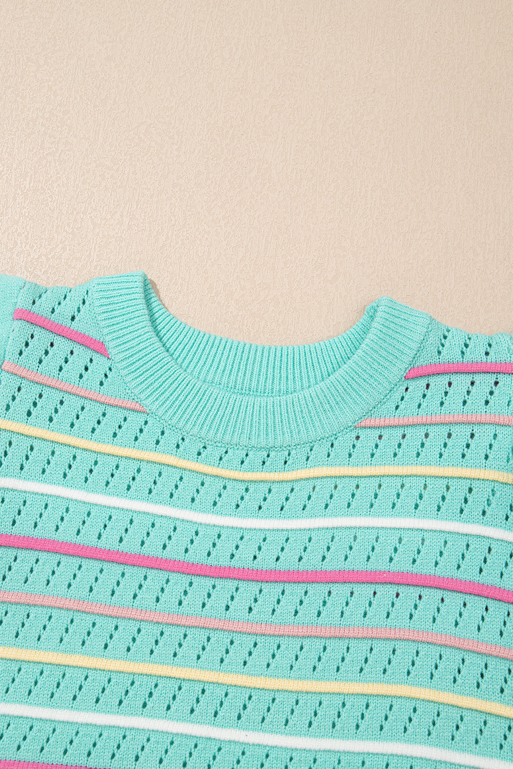 Stripe Eyelet Knit Ruffle Sleeve Sweater