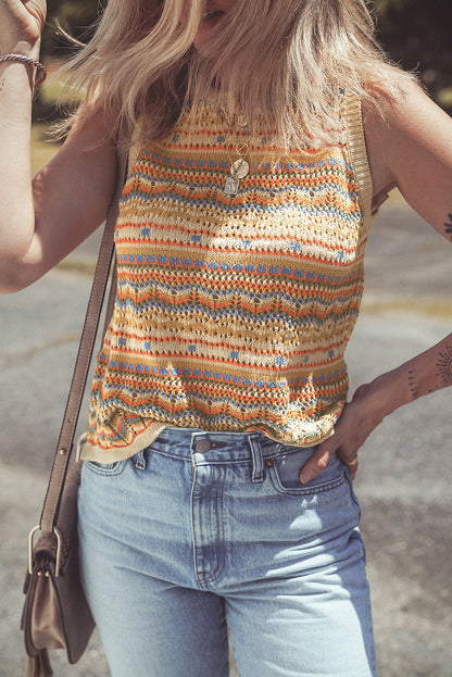 Stripe Crochet Sleeveless Sweater Top