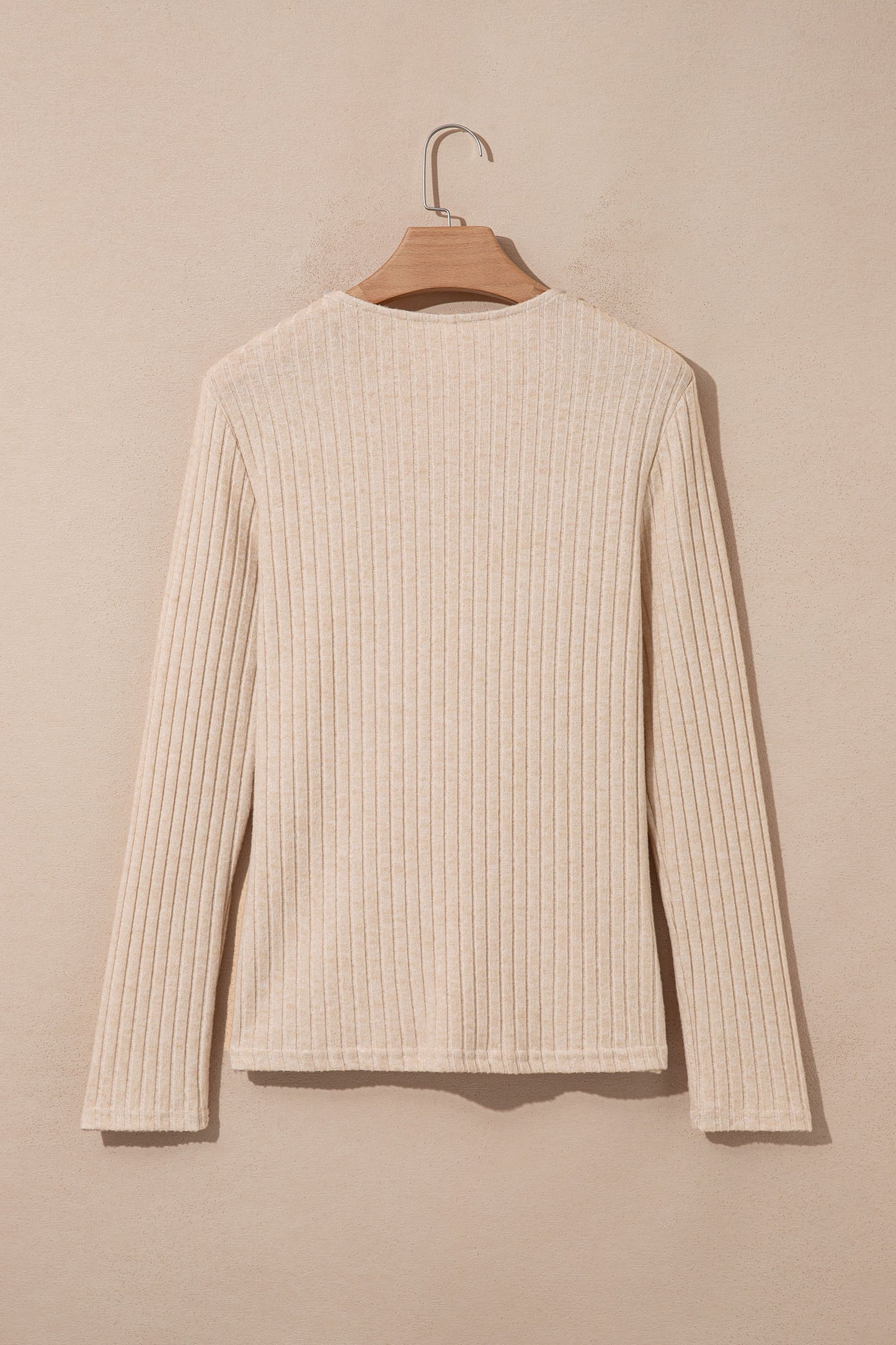 Solid Ribbed Knit Cowl Neck Long Sleeve Top